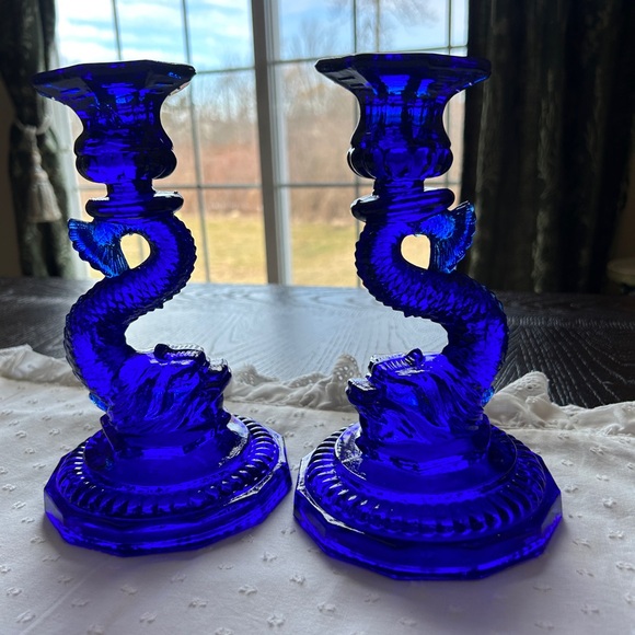 Vintage Pair of Cobalt Blue Glass Dolphin Koi Fish Candlestick Holder - Picture 9 of 16